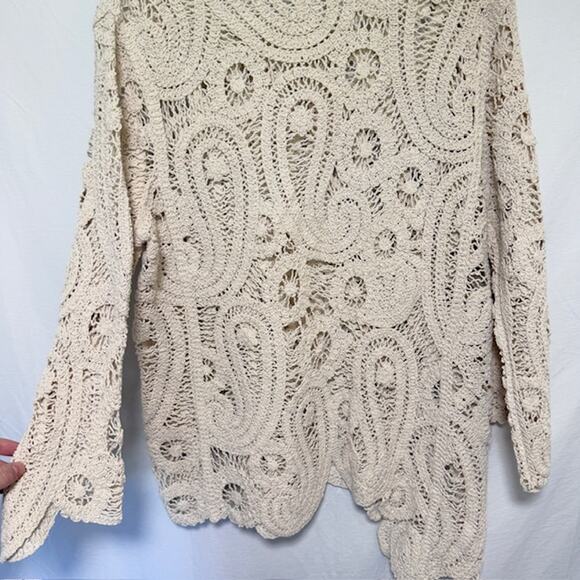 Womens Open Knit Crochet Paisley Sweater Large Cottagecore Oatmeal Boho - Picture 5 of 12